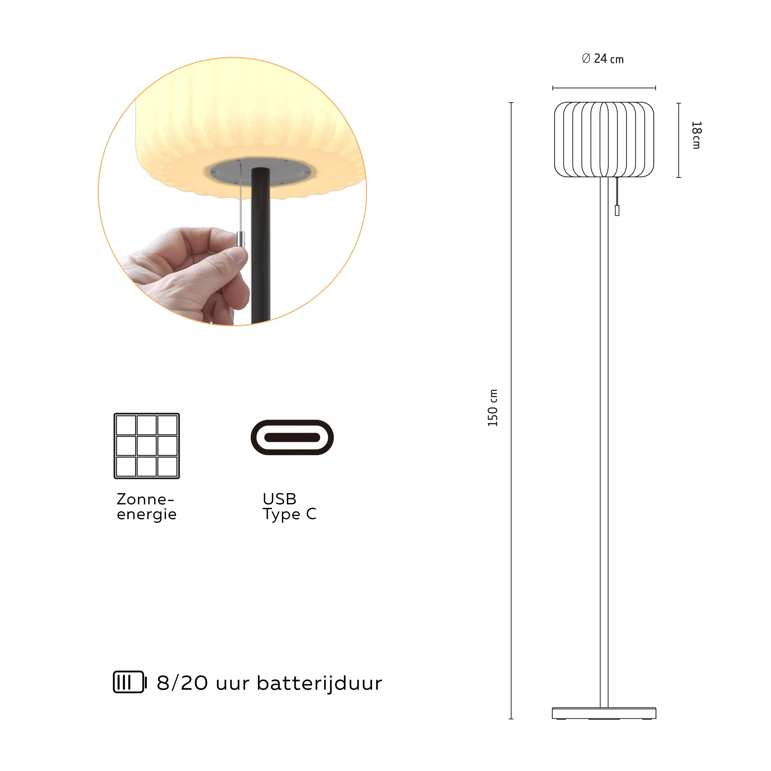 Calex Latina Outdoor Floor Lamp - Rechargeable and Solar - Black - Image 3