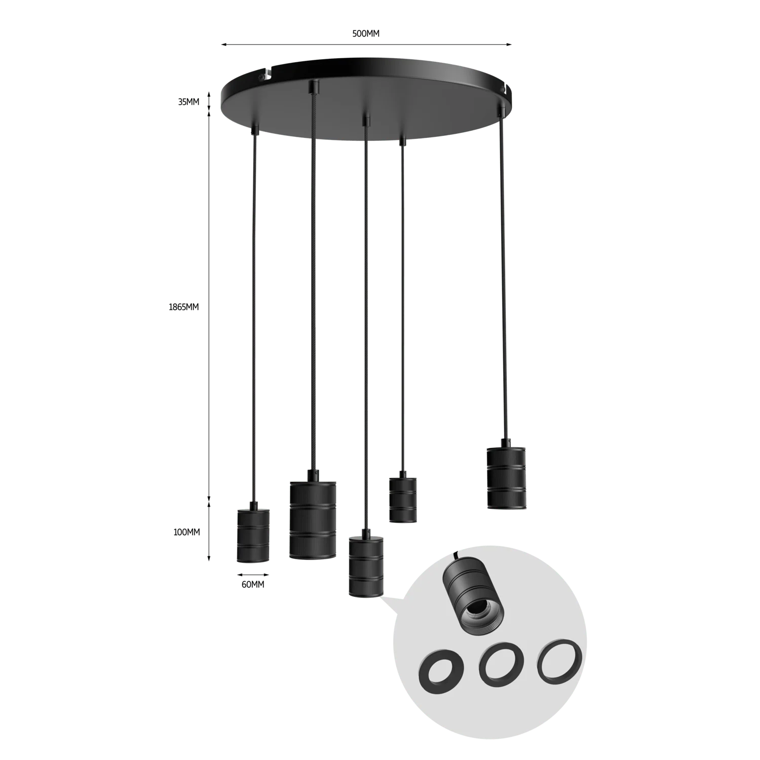 Calex Pendant Light - 5x E27 - 50cm - Black - Image 3